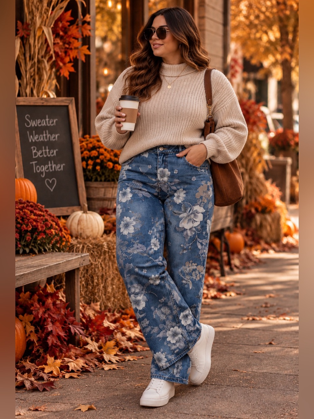 SHEIN CURVE Blue Floral Wide-Leg elastic waist Jeans Pants Plus Size 3X